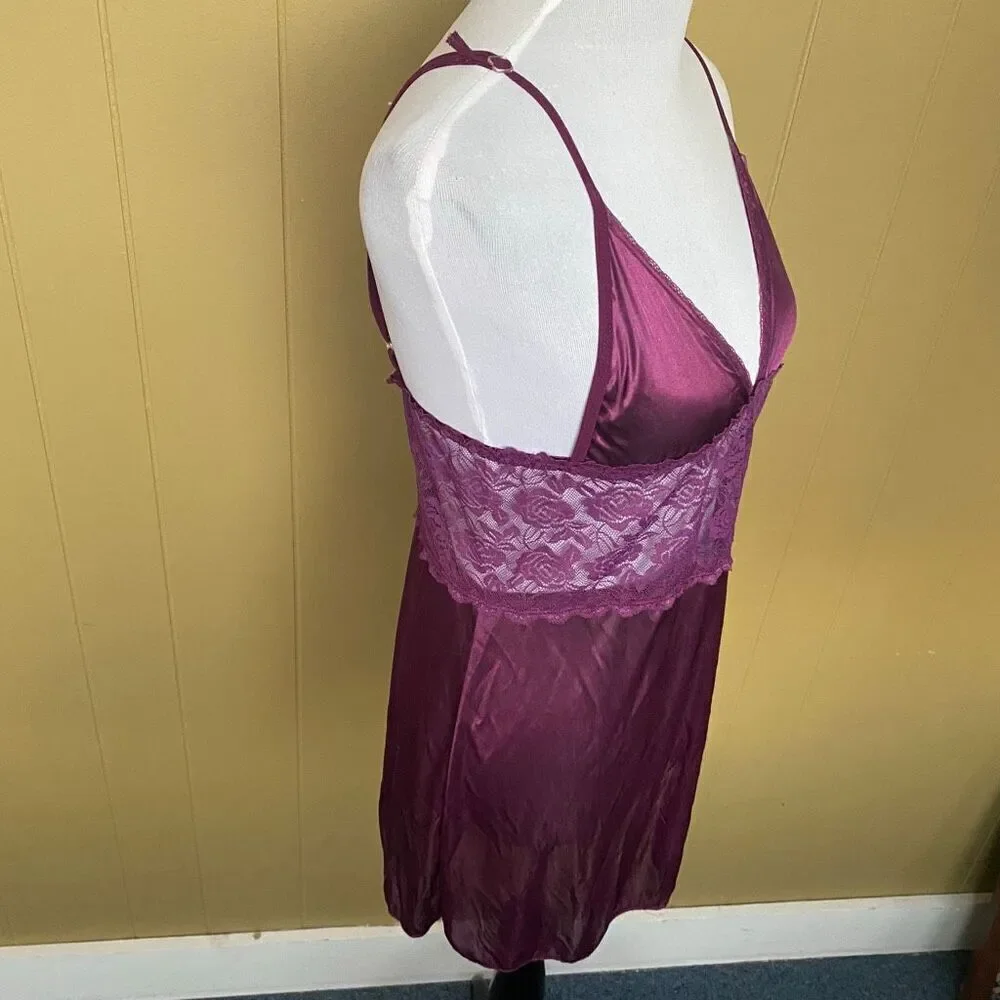 Women S adjustable spaghetti strap satin & lace lingerie nightgown purple